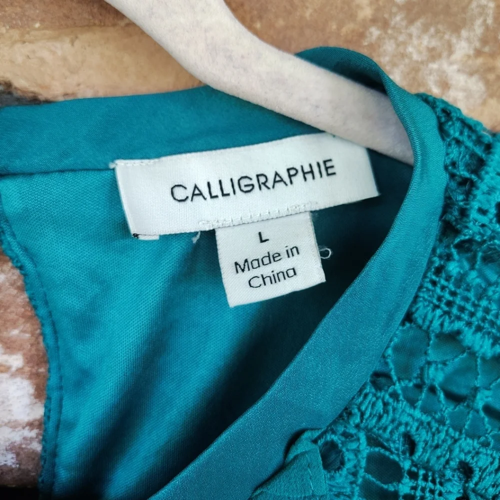 Calligraphie NWT Green Lace Pleated Detail Ling Sleeve Top L Career Party Artsy